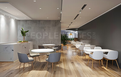 Buy stock photo Restaurant, interior and design of room with furniture for architecture, modern or minimalistic. Chair, table and space of luxury cafeteria with laminate floor for hospitality, decoration or elegance