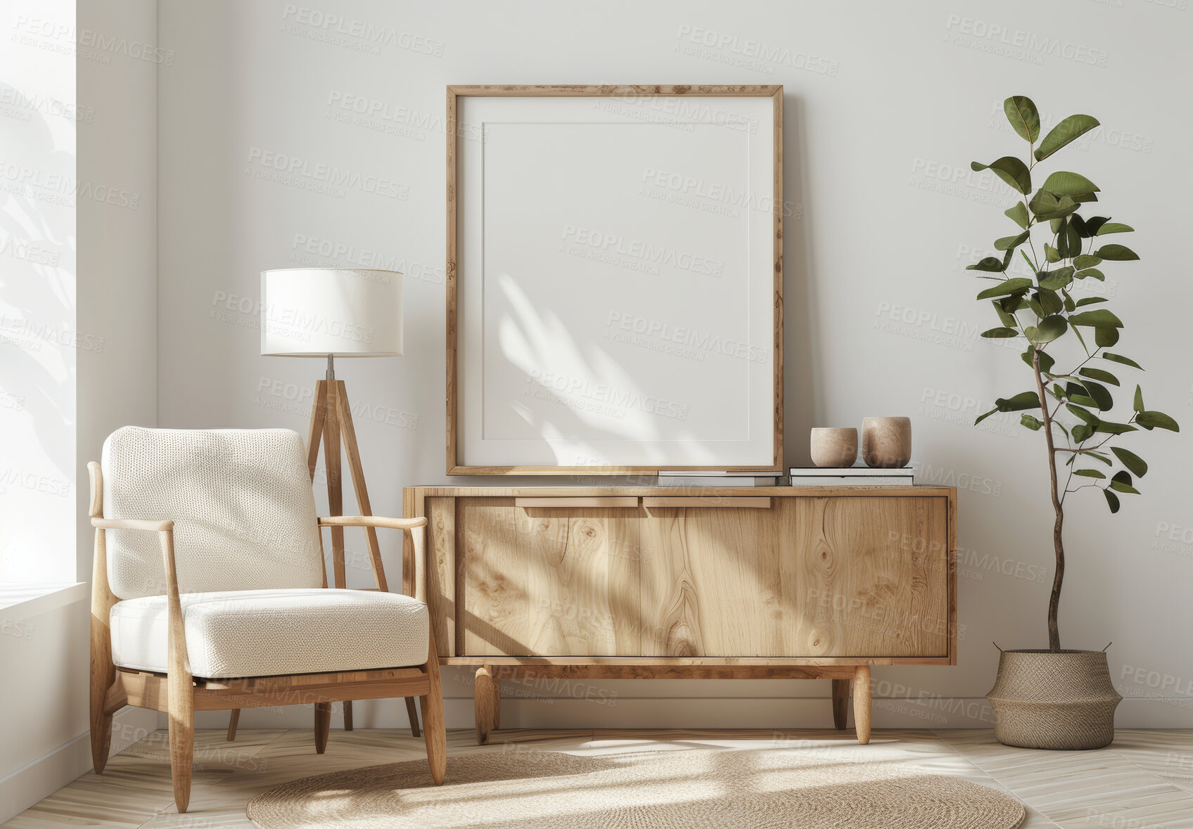 Buy stock photo Interior design, armchair and lounge with elegant decor, frame and texture at classy apartment. Stylish, accommodation and living room with luxury furniture and plant for renovation at home.
