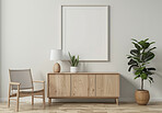 Interior, home decor and blank frame in living room for creative space, aesthetic or product placement in apartment. Art, mockup or empty canvas for luxury house, condo or natural design in lounge.