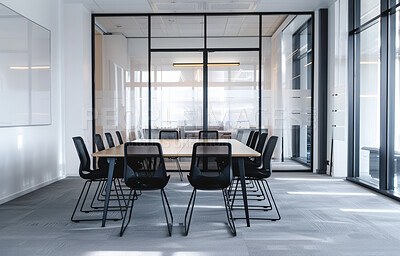 Table, empty and chair for conference room, corporate company and meeting boardroom in law firm building. Vacant, furniture and seats for luxury office or workplace, interior and clean modern design