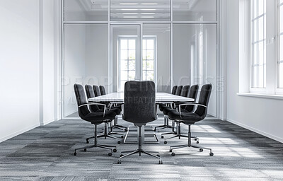Table, empty and chair for modern conference room, corporate and meeting boardroom in law firm building. Vacant, furniture and seats for luxury office or workplace, interior and minimalist design
