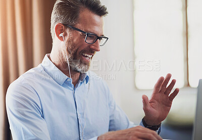 Buy stock photo Business man, wave and video call for remote work in home office with smile, happiness or communication. Mature businessman, typing and happy for greeting, webinar and excited with laptop, web or app