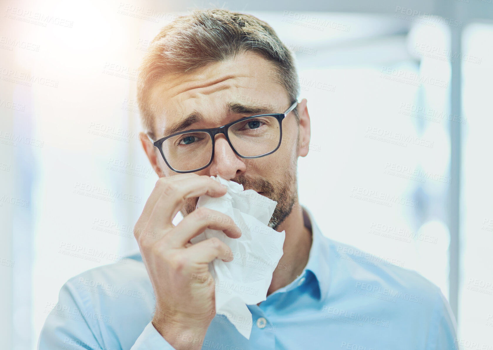 Buy stock photo Mature man, portrait and sick with tissue for blowing nose, allergies and hayfever with virus infection. Healthcare, person and flu symptoms with illness from particles bacteria, disease and cold