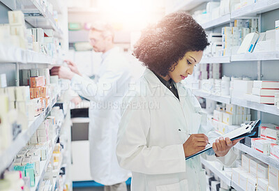 Buy stock photo Woman, pharmacy and writing on checklist for inventory, stock or drugs for order from supplier. Pharmacist, people and notes on clipboard for sales, product or pills for health by shelf at shop