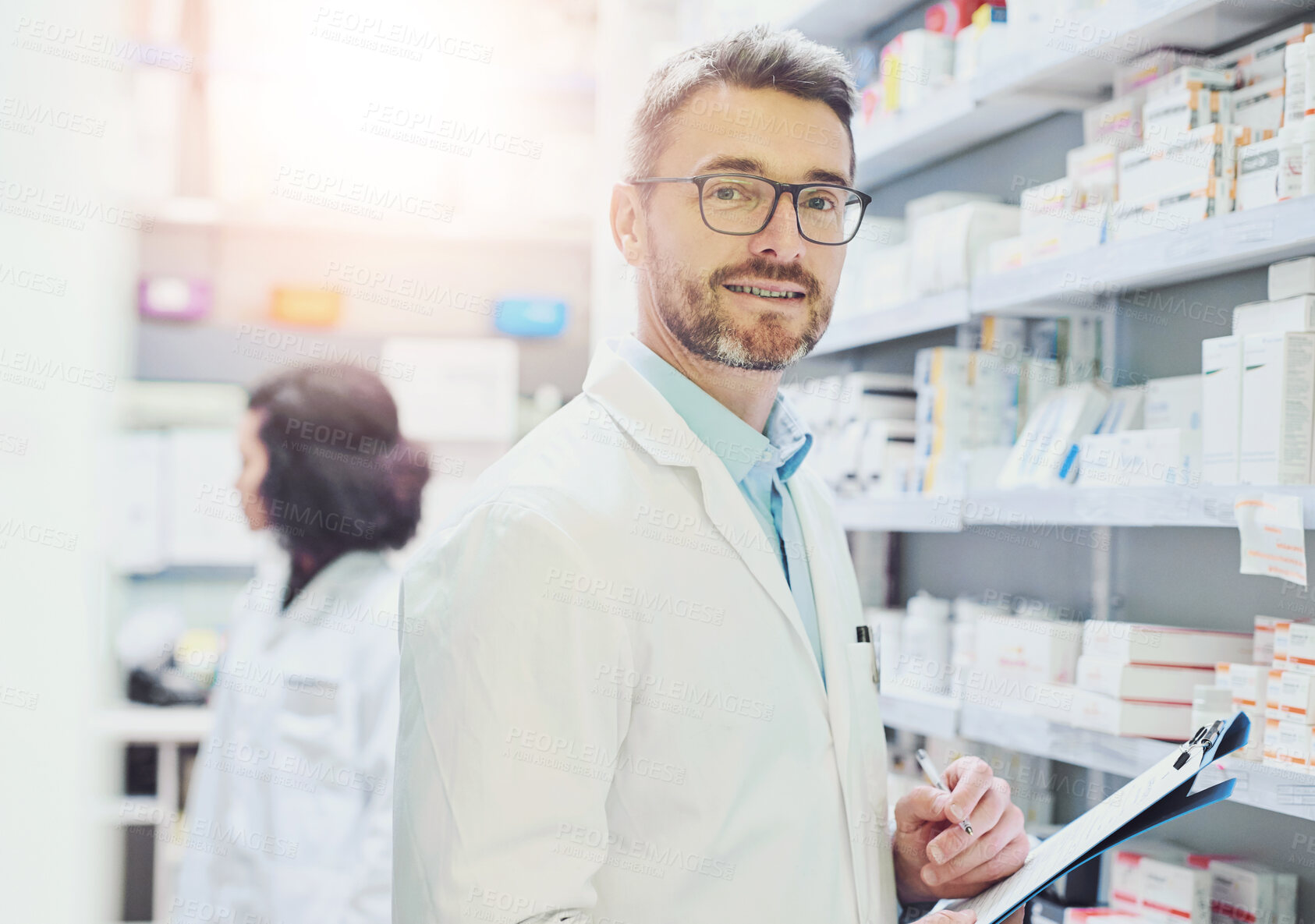 Buy stock photo Pharmacy, smile and portrait of man with clipboard for inventory, inspection or prescription. Medical, professional and mature pharmacist with checklist of pills for healthcare, supply or information