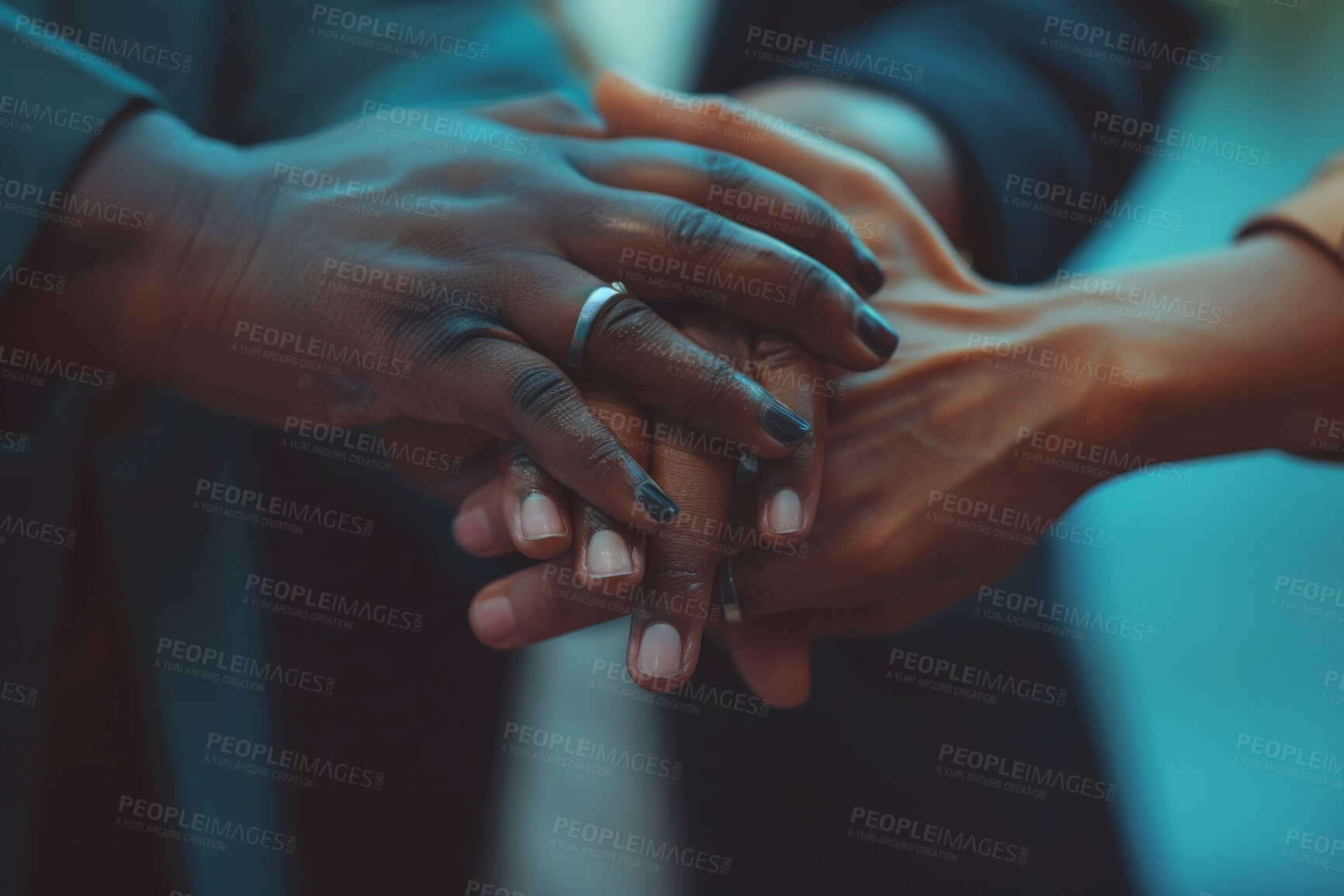 Buy stock photo Teamwork, business people and hands together for support, diversity and solidarity in workplace. Collaboration, cooperation and company growth of corporate firm, networking and employees with trust