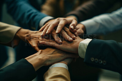 Teamwork, business people and hands together for trust, support and motivation in workplace. Collaboration, cooperation and care for company growth of law firm, celebration and employees as community