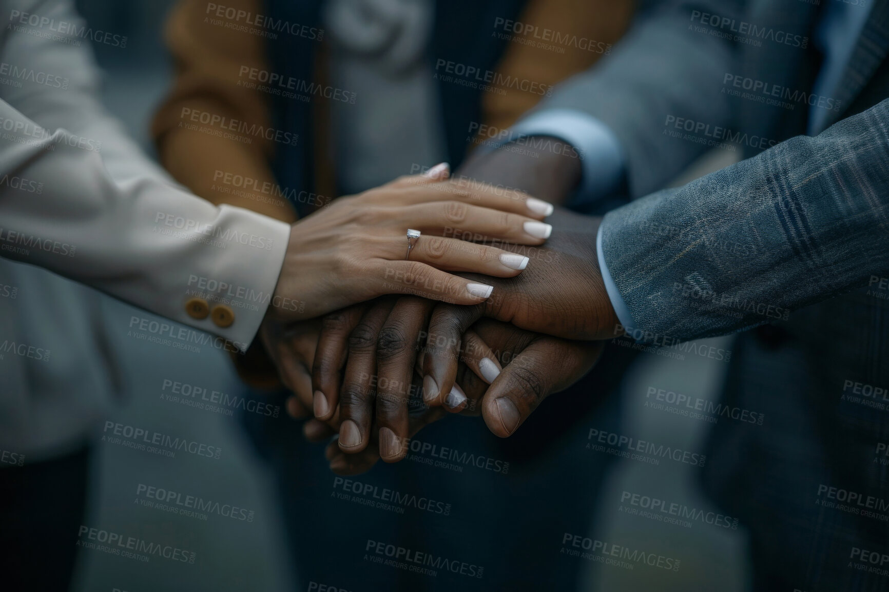 Buy stock photo Business people, stack and hands together for partnership, group and cooperation for project. Staff, employees and trust with collaboration, company merger and growth with networking and support