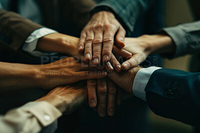 Business people, partnership and stack with hands together, cooperation and teamwork for project. Group, staff and employees with collaboration, feedback and support with network and company merger