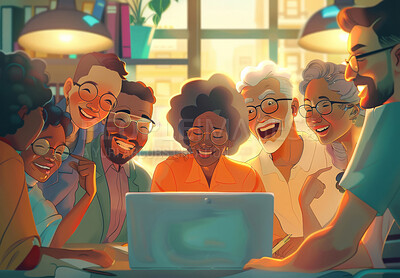 Happy, family and illustration with laptop and laughter together for bonding, love and community support. Art, animation and group of people with computer for planning holiday or vacation in artwork