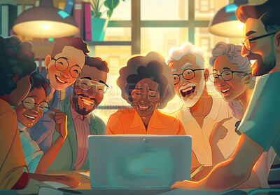 Buy stock photo Happy, family and illustration with laptop and laughter together for bonding, love and community support. Art, home and group of people with computer for planning holiday or vacation in artwork