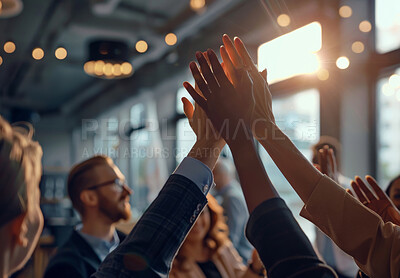 Buy stock photo High five, teamwork and hands in business for office collaboration, growth and together in creative company. Celebration, trust and partnership for goals, achievement with professional coworkers