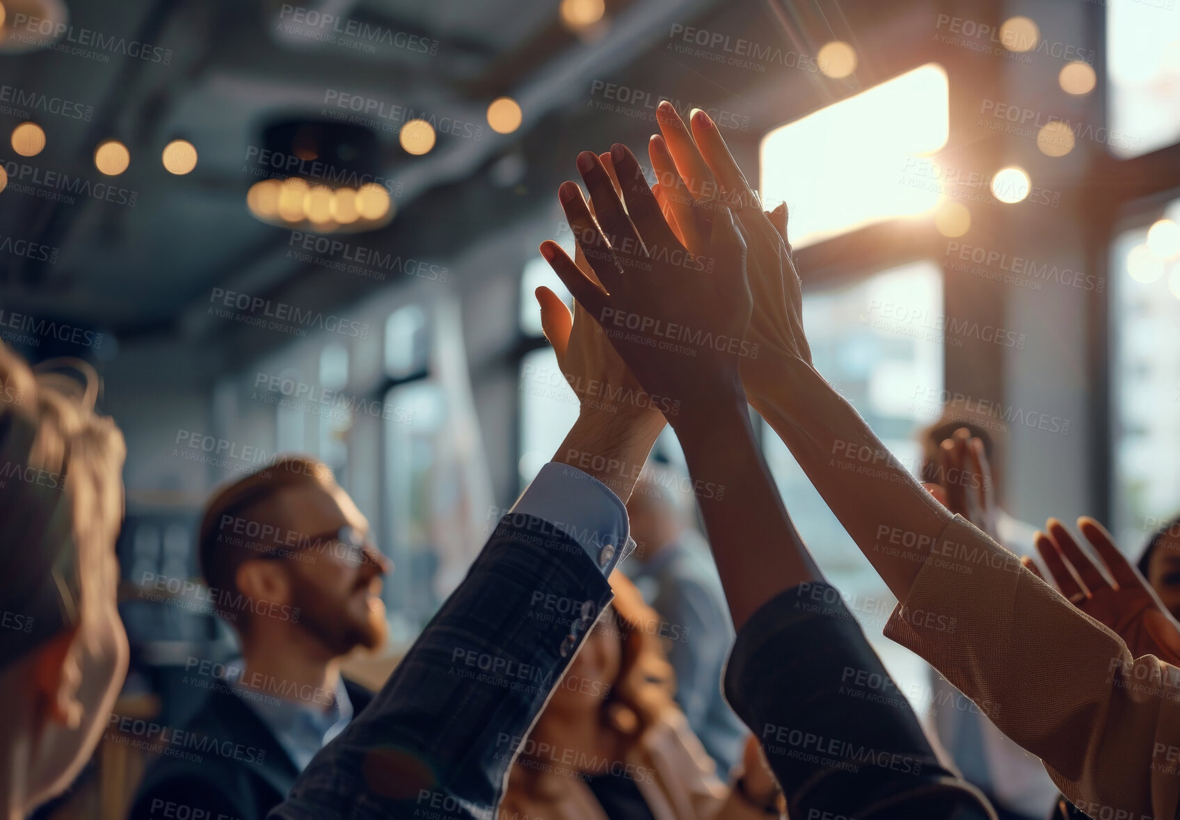 Buy stock photo High five, teamwork and hands in business for office collaboration, growth and together in creative company. Celebration, trust and partnership for goals, achievement with professional coworkers