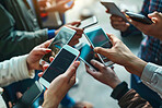 Group, people and hands with phone in closeup for work, technology or networking for team. Mobile, palm and students with app for social media or email, internet at school or university on campus