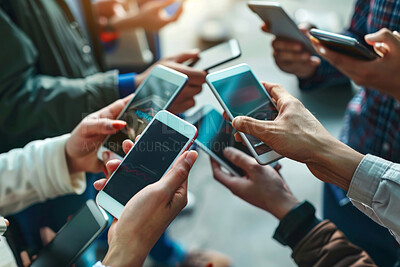 Group, people and hands with phone in closeup for work, technology or networking for team. Mobile, palm and students with app for social media or email, internet at school or university on campus