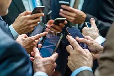Team, people and hands with phone in closeup for work, technology or networking in group. Mobile, palm and businessman with app for social media or email, internet for career as lawyer or attorney