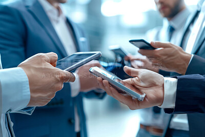 Buy stock photo Business people, hands and smartphone outdoor in suit for connection, communication and networking. Mobile tech, workers or employees together in city for teamwork, partnership and collaboration