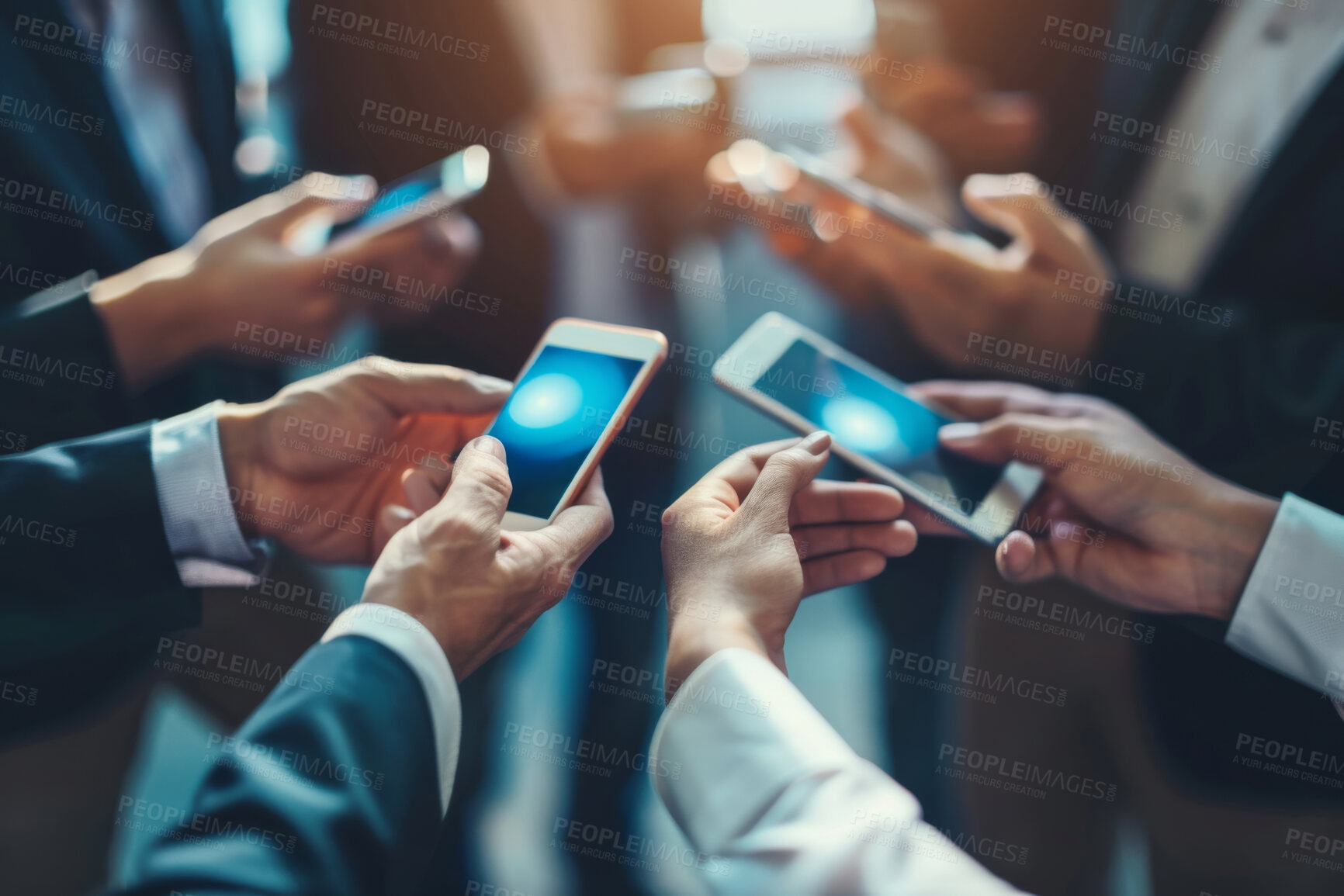 Buy stock photo People, networking and group of hands with phone on fast connection, online or sharing contact info. Business, community and team typing email, chat or professional social media, app or collaboration