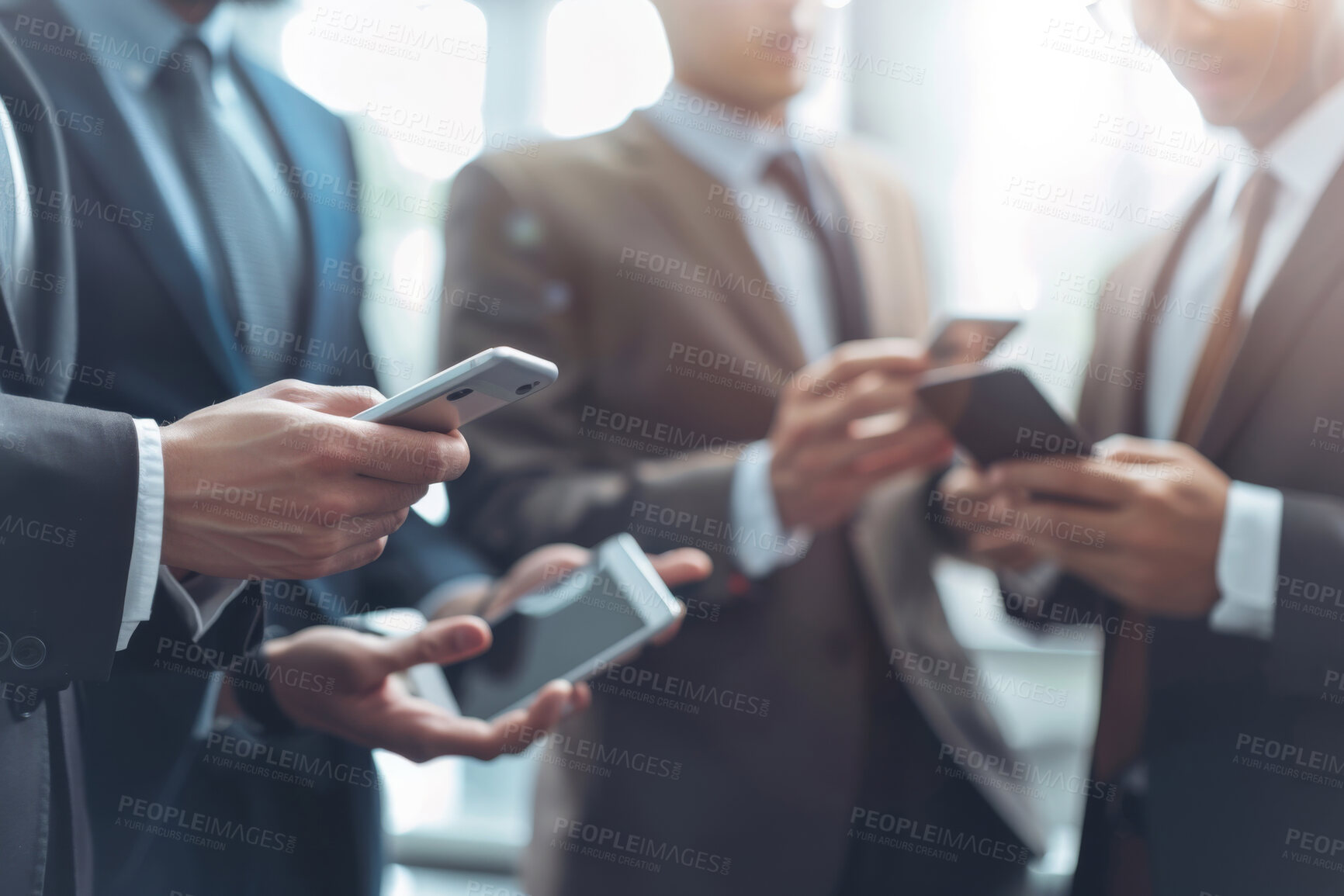 Buy stock photo Business people, hands and cellphone networking for group signal or connection or app sync, internet or corporate. Online, smartphone and mobile search for collaboration together, digital or email