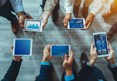 People, business and hands with tablet for graph, data analytics and strategy for finance growth in meeting. Team, staff and conference with digital app as chart, diagram and report for profit
