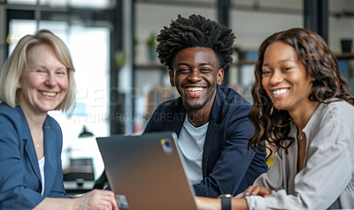 Buy stock photo Portrait, business and people on laptop in meeting, teamwork and support, trust and office for growth on company. Woman, man and smile with ideas, planning and brainstorming for project goal