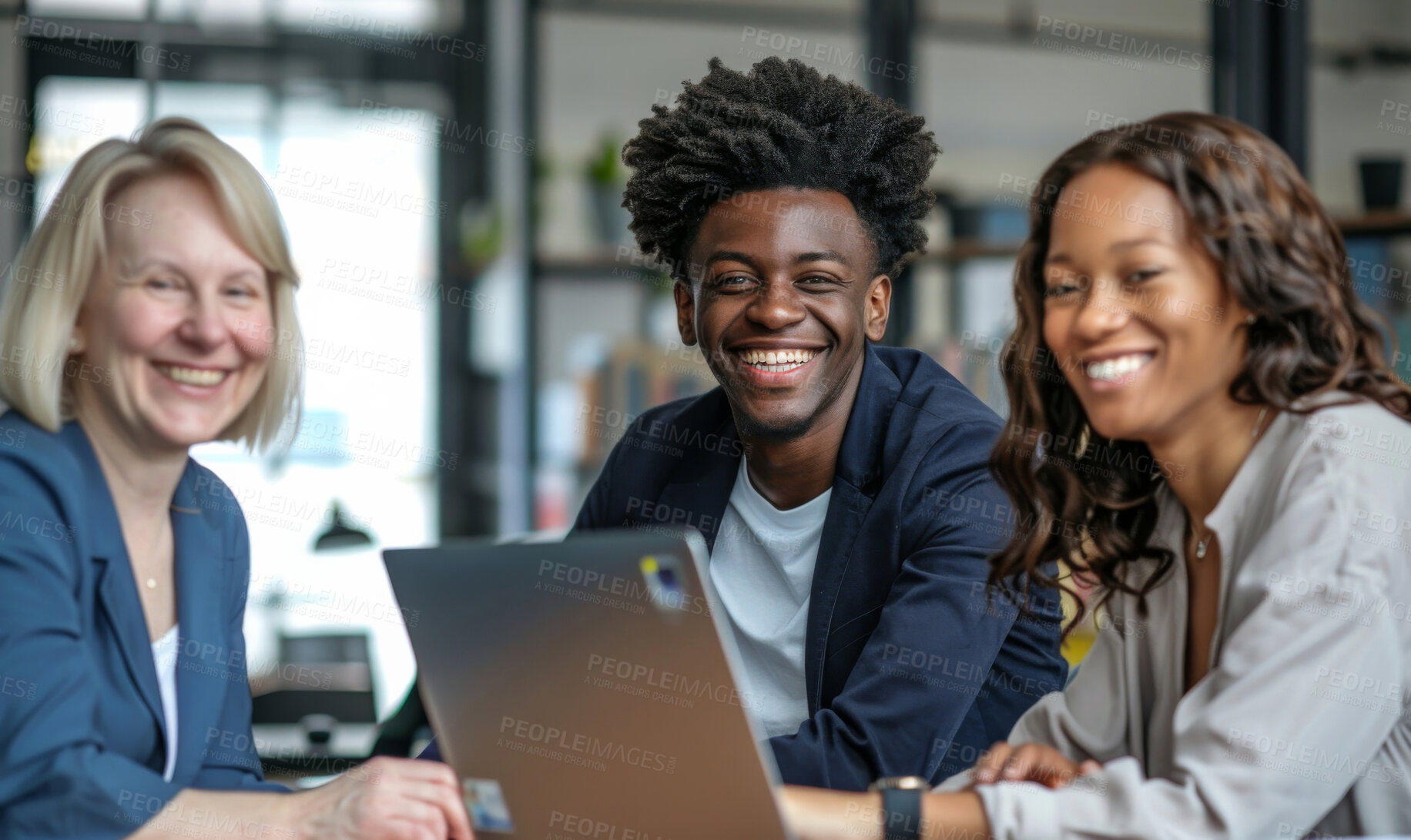 Buy stock photo Portrait, business and people on laptop in meeting, teamwork and support, trust and office for growth on company. Woman, man and smile with ideas, planning and brainstorming for project goal