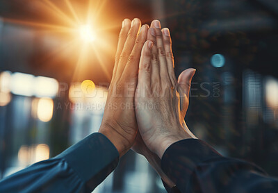 Buy stock photo Collaboration, business people and high five with flare, support and motivation in workplace. Teamwork, cooperation and hands up for company growth of law firm, celebration and employees as community