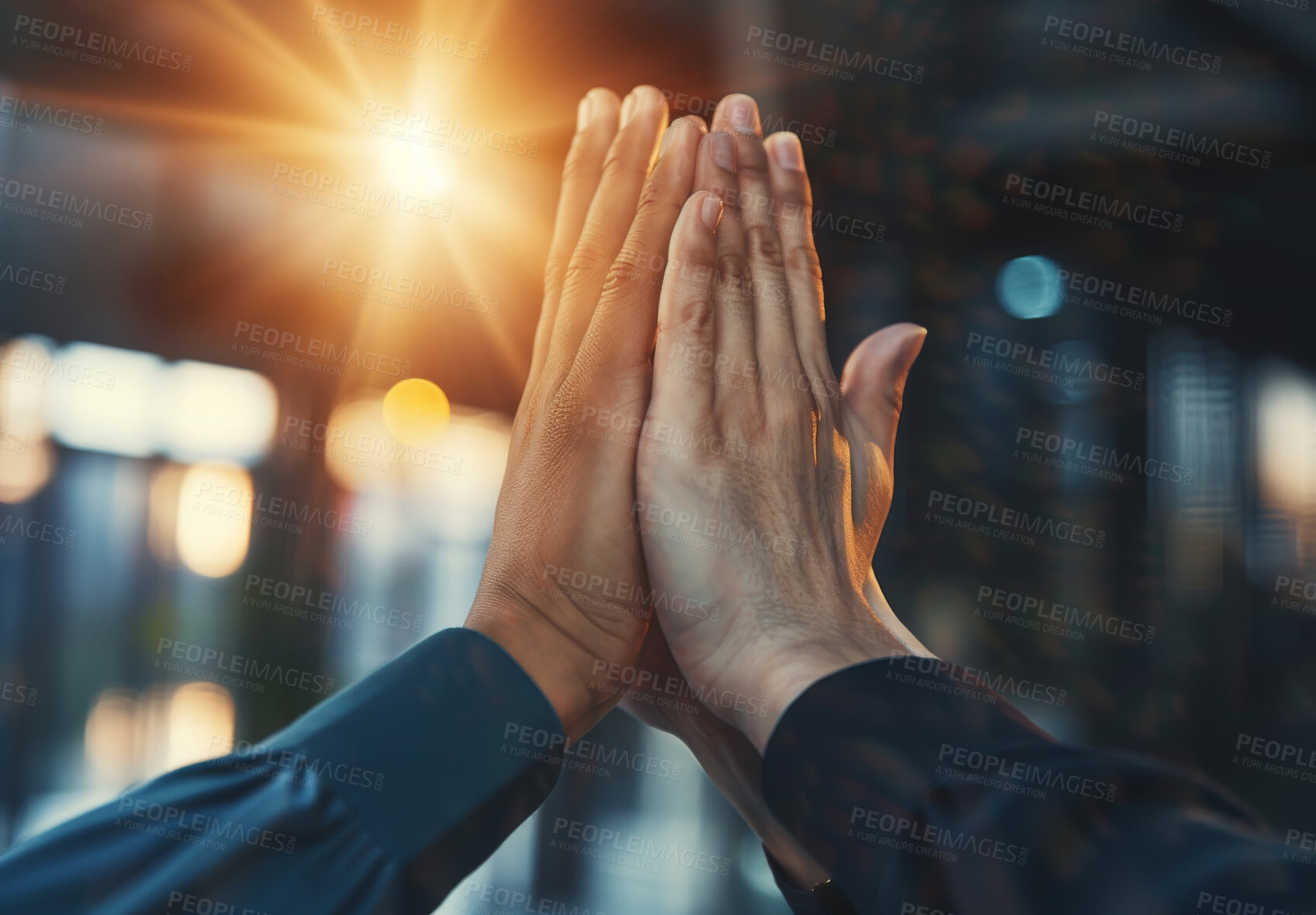 Buy stock photo Collaboration, business people and high five with flare, support and motivation in workplace. Teamwork, cooperation and hands up for company growth of law firm, celebration and employees as community