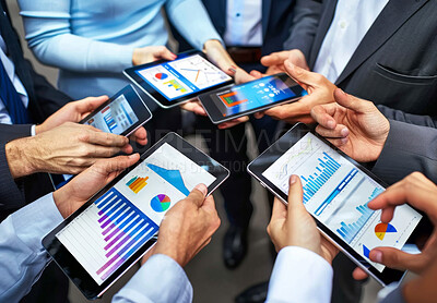 Hands, business and people with graph on tablet for data analytics, strategy and finance growth in meeting. Team, staff and conference with digital app as chart, diagram and report for profit