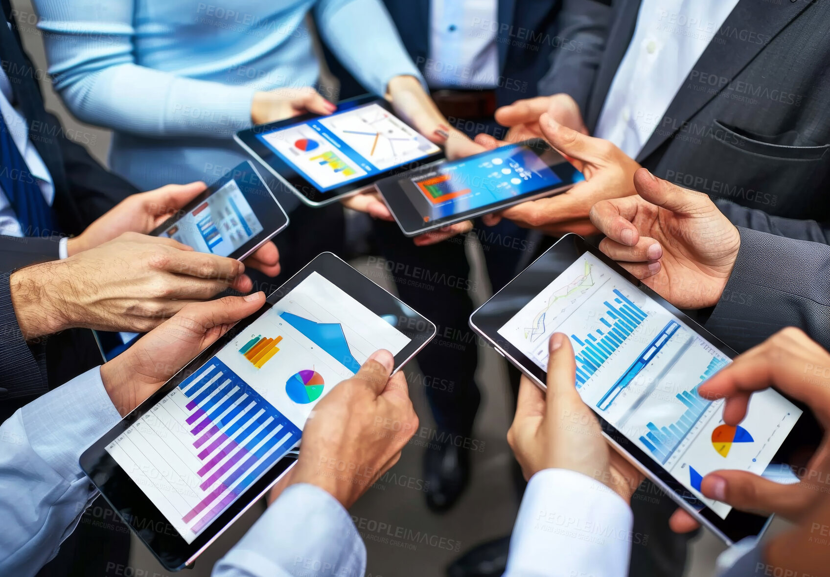 Buy stock photo Hands, business and people with graph on tablet for data analytics, strategy and finance growth in meeting. Team, staff and conference with digital app as chart, diagram and report for profit