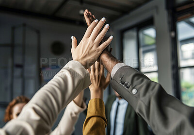 Teamwork, business people and high five for support, celebration and solidarity in workplace. Collaboration, hands and motivation for company growth of law firm, trust and employees with success
