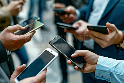 Group, people and hands with phone in closeup for work, technology or networking for team. Mobile, palm and businessman with app for social media or email, internet for career as lawyer or attorney