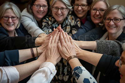 Buy stock photo Teamwork, women and hands as support group, solidarity and motivation with smile. Collaboration, cooperation and high five of mature people for trust, goal and unity as community by top view