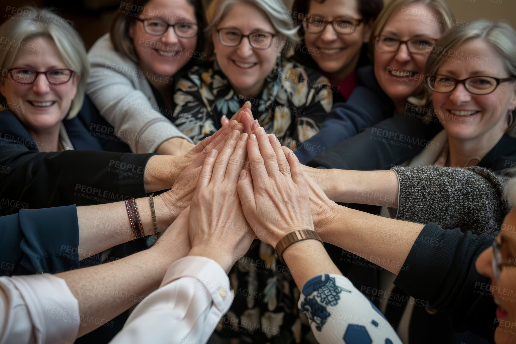 Buy stock photo Teamwork, women and hands as support group, solidarity and motivation with smile. Collaboration, cooperation and high five of mature people for trust, goal and unity as community by top view