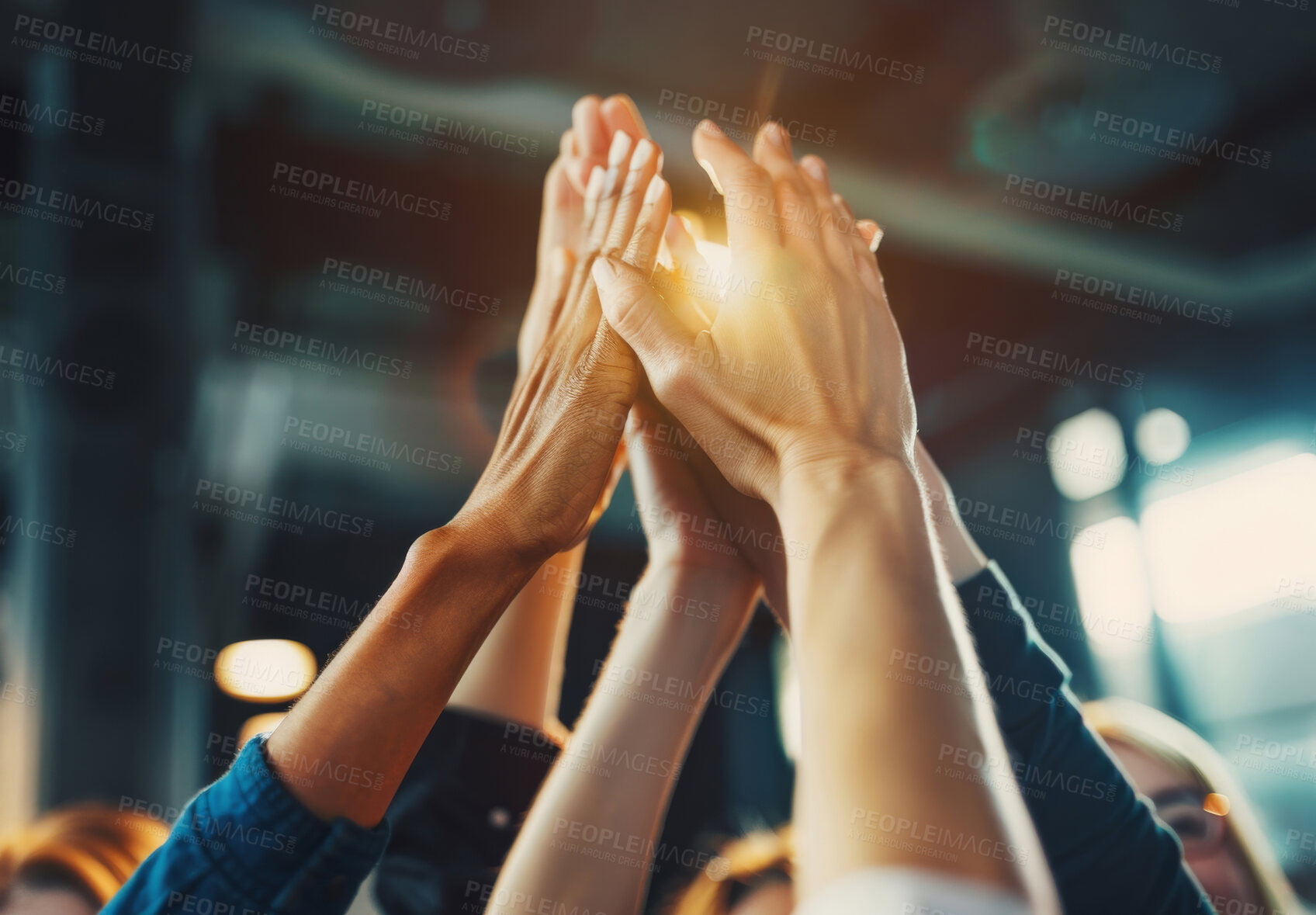 Buy stock photo Teamwork, business people and high five with flare, support and partnership in workplace. Collaboration, cooperation and hands up for company growth of law firm, networking and employees as community