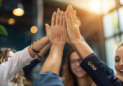 Buy stock photo Teamwork, business people and high five with flare, motivation and partnership in workplace. Collaboration, cooperation and hands up for company growth of law firm, support and employees as community