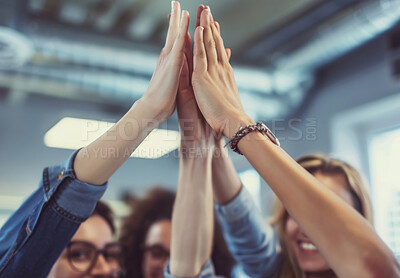 Buy stock photo Teamwork, business people and high five for win, motivation and partnership in workplace. Collaboration, cooperation and hands up for company growth of law firm, support and employees as community