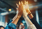 Teamwork, business people and high five with flare, support and motivation in workplace. Collaboration, cooperation and hands up for company growth of law firm, celebration and employees as community