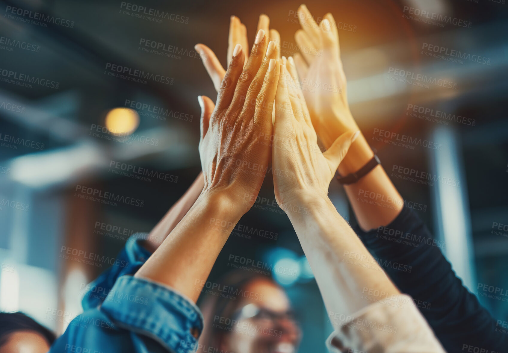 Buy stock photo Teamwork, business people and high five with flare, support and motivation in workplace. Collaboration, cooperation and hands up for company growth of law firm, celebration and employees as community