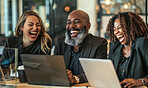 People, group and laughing with laptop for business with comedy, diversity with smile in workplace. Team, international and joy for joke with computer in office, happiness with teamwork in meeting