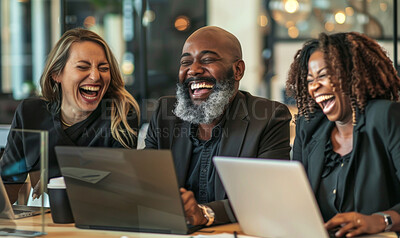 People, group and laughing with laptop for business with comedy, diversity with smile in workplace. Team, international and joy for joke with computer in office, happiness with teamwork in meeting