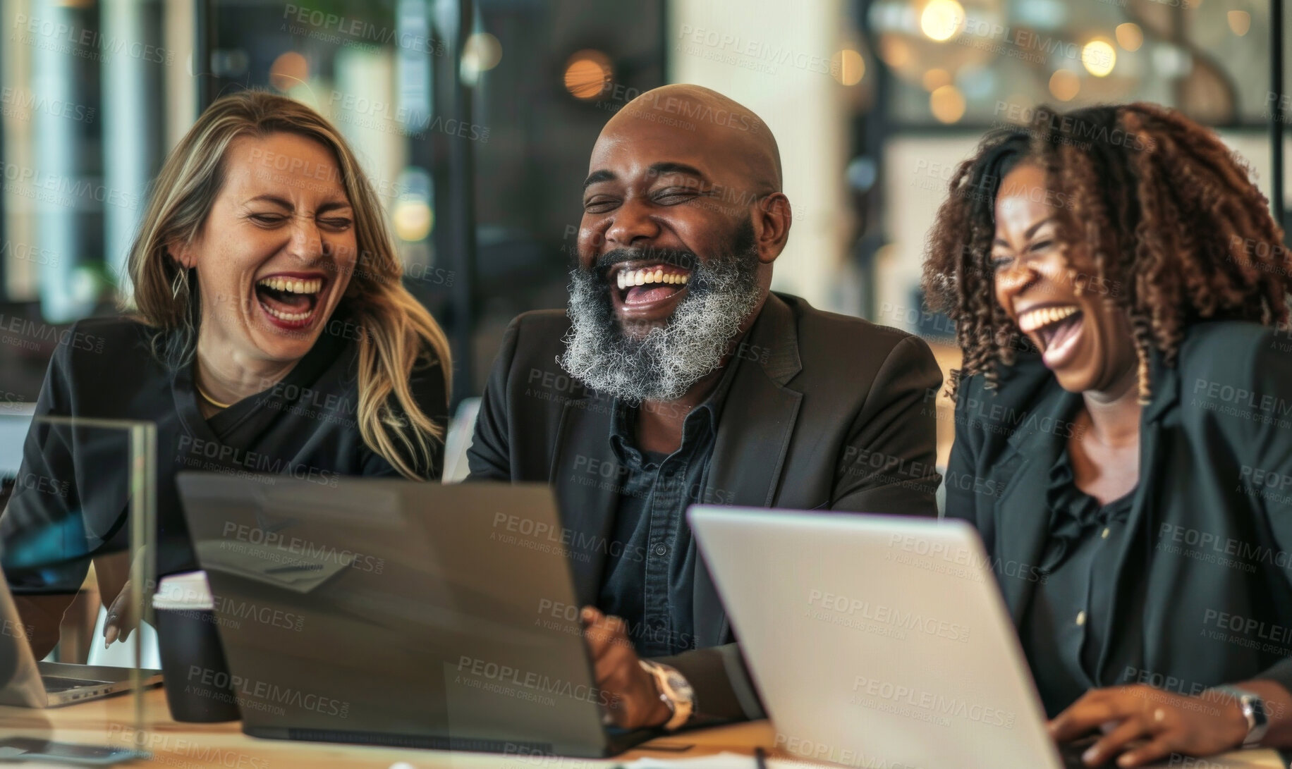 Buy stock photo People, group and laughing with laptop for business with comedy, diversity with smile in workplace. Team, international and joy for joke with computer in office, happiness with teamwork in meeting