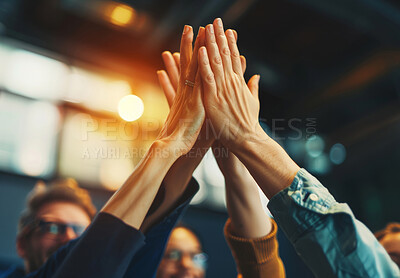 Buy stock photo Teamwork, business people and high five with flare, win and motivation in workplace. Collaboration, cooperation and hands up for company growth of law firm, support and employees as community