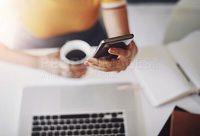 Buy stock photo Hands, searching on smartphone with laptop, coffee and work in home office or shopping, browsing and mobile communication. Closeup, woman and social media, internet or online, work or ecommerce