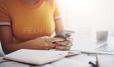Buy stock photo Hands, woman with a smartphone and laptop by her desk in office. Social media or communication, connectivity or networking and female worker on cellphone reading or writing an email at workplace