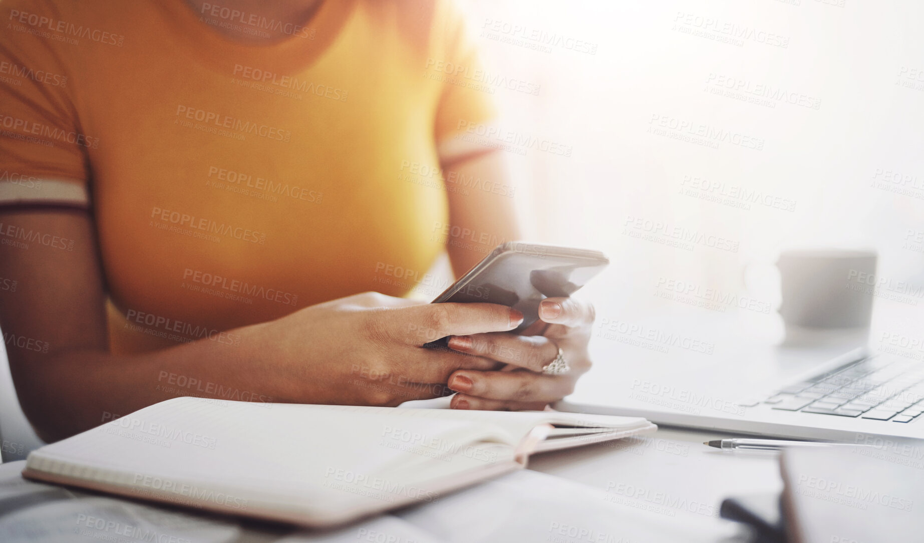 Buy stock photo Hands, woman with a smartphone and laptop by her desk in office. Social media or communication, connectivity or networking and female worker on cellphone reading or writing an email at workplace