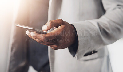 Buy stock photo Phone, hand and businessman with online communication for networking with investment client. Cellphone, information and closeup of financial advisor scroll on mobile app for stock market research.