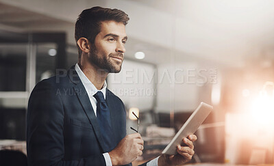 Buy stock photo Business, man and thinking with tablet in office for problem solving, brainstorming and inspiration for research. Professional, employee and thoughtful with tech for digital project ideas with bokeh