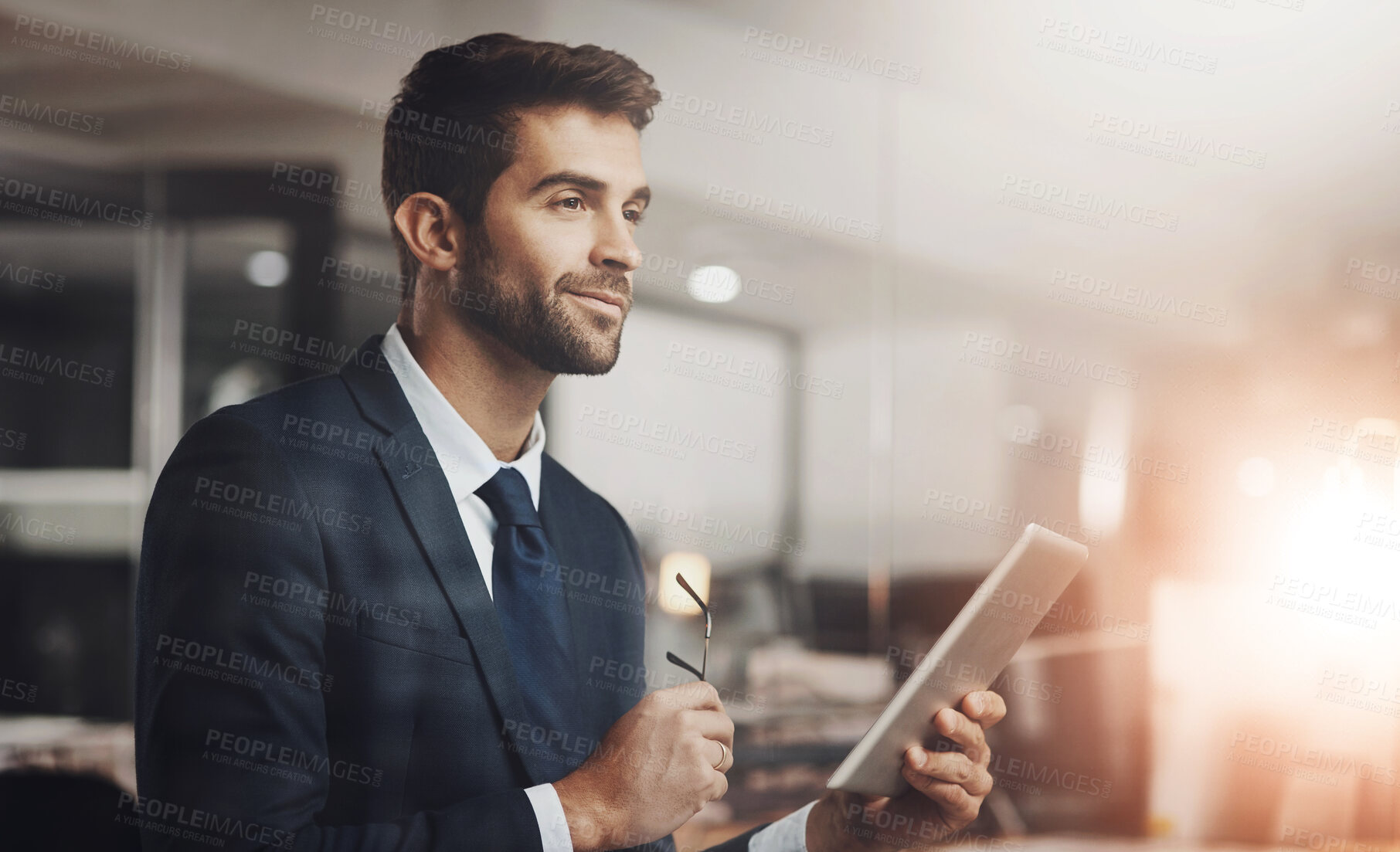 Buy stock photo Business, man and thinking with tablet in office for problem solving, brainstorming and inspiration for research. Professional, employee and thoughtful with tech for digital project ideas with bokeh