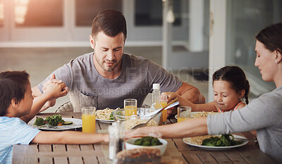 Buy stock photo Family, holding hands and praying for dinner in home with gratitude, praise to God and thank you for food. Christian people, children and worship on porch with faith, religion and spiritual respect